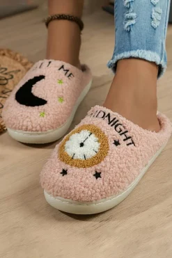 New Dear-Lover Moon & Clock Pattern Fuzzy Home Slippers Light Pink