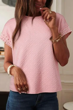 New Dear-Lover Pearl Embellished Flower Textured T Shirt Light Pink