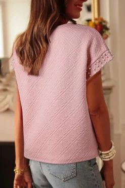New Dear-Lover Pearl Embellished Flower Textured T Shirt Light Pink