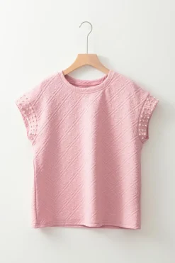 New Dear-Lover Pearl Embellished Flower Textured T Shirt Light Pink