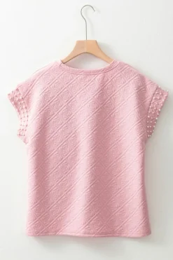 New Dear-Lover Pearl Embellished Flower Textured T Shirt Light Pink