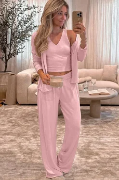 Fashion Dear-Lover 3-Piece Cozy Knit Lounge Set Light Pink