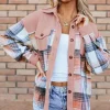 Outlet Dear-Lover Plaid Corduroy Patchwork Chest Pocket Shacket Light Pink