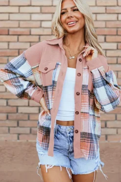 Outlet Dear-Lover Plaid Corduroy Patchwork Chest Pocket Shacket Light Pink