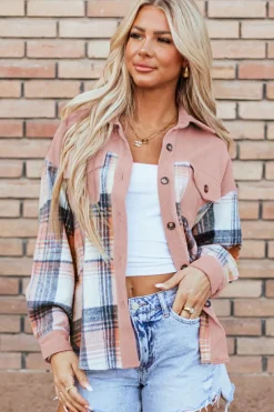 Outlet Dear-Lover Plaid Corduroy Patchwork Chest Pocket Shacket Light Pink