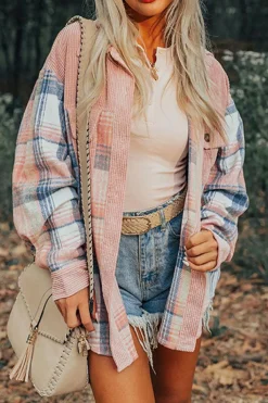 Outlet Dear-Lover Plaid Corduroy Patchwork Chest Pocket Shacket Light Pink