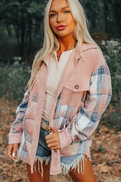 Outlet Dear-Lover Plaid Corduroy Patchwork Chest Pocket Shacket Light Pink