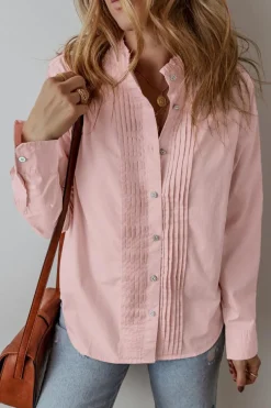 Discount Dear-Lover Pleated Button-Up Loose Fit Casual Shirt Light Pink
