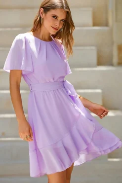 New Dear-Lover Pleated Round Neck Butterfly Sleeve Ruffle Trim Belted Mini Dress Light Pink