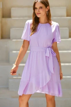 New Dear-Lover Pleated Round Neck Butterfly Sleeve Ruffle Trim Belted Mini Dress Light Pink