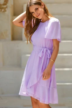 New Dear-Lover Pleated Round Neck Butterfly Sleeve Ruffle Trim Belted Mini Dress Light Pink