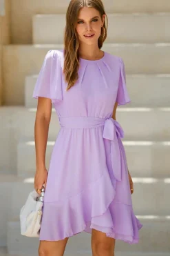 New Dear-Lover Pleated Round Neck Butterfly Sleeve Ruffle Trim Belted Mini Dress Light Pink
