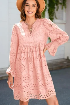Outlet Dear-Lover Pointelle Drawstring Notch V Neck Loose Fit Mini Dress Light Pink