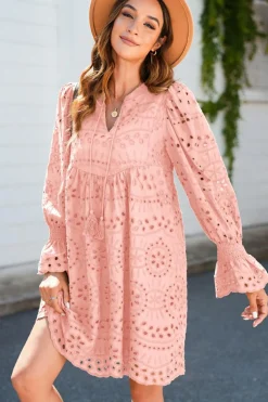 Outlet Dear-Lover Pointelle Drawstring Notch V Neck Loose Fit Mini Dress Light Pink