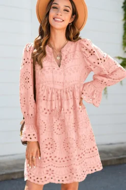 Outlet Dear-Lover Pointelle Drawstring Notch V Neck Loose Fit Mini Dress Light Pink