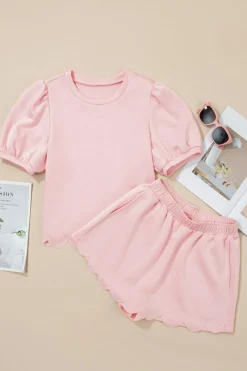Clearance Dear-Lover Puff Sleeve Pearl Embellished Scallop Trim Top 2 Piece Skort Set Light Pink