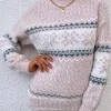 Fashion Dear-Lover Retro Snowflake Pattern Mock Neck Fuzzy Sweater Light Pink