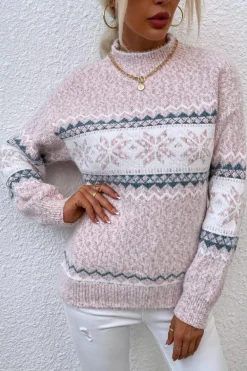 Fashion Dear-Lover Retro Snowflake Pattern Mock Neck Fuzzy Sweater Light Pink