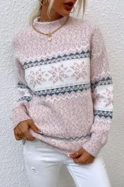 Fashion Dear-Lover Retro Snowflake Pattern Mock Neck Fuzzy Sweater Light Pink