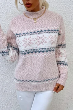 Fashion Dear-Lover Retro Snowflake Pattern Mock Neck Fuzzy Sweater Light Pink