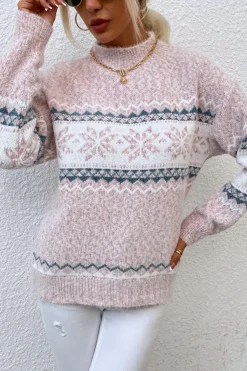 Fashion Dear-Lover Retro Snowflake Pattern Mock Neck Fuzzy Sweater Light Pink