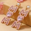 Discount Dear-Lover Rhinestone Beaded Heart MOM Earrings Light Pink