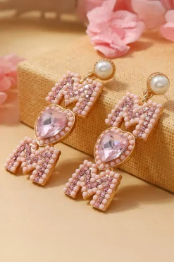 Discount Dear-Lover Rhinestone Beaded Heart MOM Earrings Light Pink
