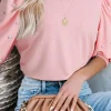 Hot Dear-Lover Rhinestone Pearl Puff Half Sleeve Top Light Pink