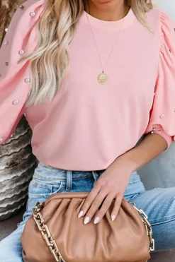 Hot Dear-Lover Rhinestone Pearl Puff Half Sleeve Top Light Pink