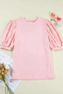 Hot Dear-Lover Rhinestone Pearl Puff Half Sleeve Top Light Pink