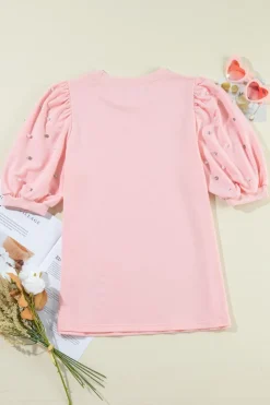 Hot Dear-Lover Rhinestone Pearl Puff Half Sleeve Top Light Pink