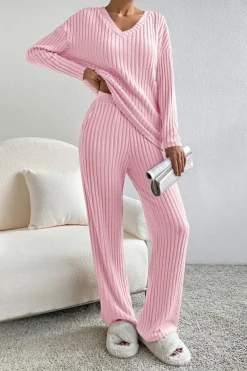 Discount Dear-Lover Ribbed Knit V Neck Slouchy Two-piece Outfit Light Pink