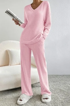 Discount Dear-Lover Ribbed Knit V Neck Slouchy Two-piece Outfit Light Pink