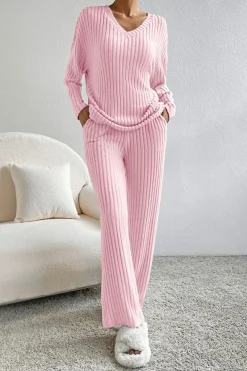 Discount Dear-Lover Ribbed Knit V Neck Slouchy Two-piece Outfit Light Pink