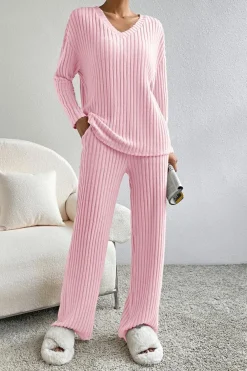 Discount Dear-Lover Ribbed Knit V Neck Slouchy Two-piece Outfit Light Pink