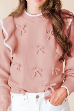 Online Dear-Lover Ruffled Bowknot Ribbed Trim Long Sleeve Sweater Light Pink