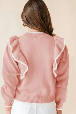Online Dear-Lover Ruffled Bowknot Ribbed Trim Long Sleeve Sweater Light Pink