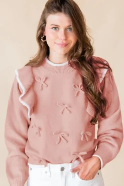 Online Dear-Lover Ruffled Bowknot Ribbed Trim Long Sleeve Sweater Light Pink