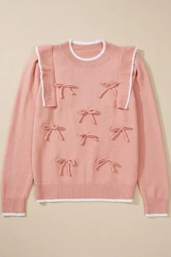Online Dear-Lover Ruffled Bowknot Ribbed Trim Long Sleeve Sweater Light Pink