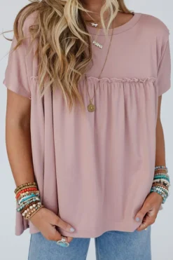 Sale Dear-Lover Ruffled Trim Loose Babydoll Tee Light Pink