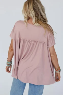 Sale Dear-Lover Ruffled Trim Loose Babydoll Tee Light Pink
