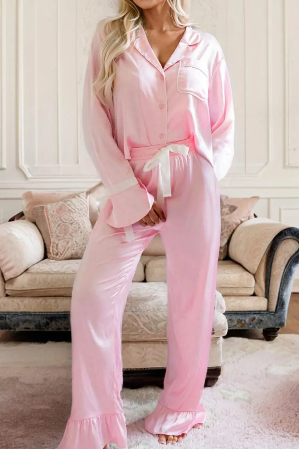 Hot Dear-Lover Satin Knot Accent Shirt and Ruffled Pants Lounge Set Light Pink