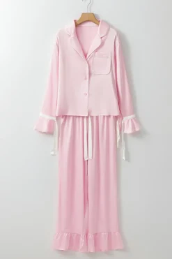 Hot Dear-Lover Satin Knot Accent Shirt and Ruffled Pants Lounge Set Light Pink