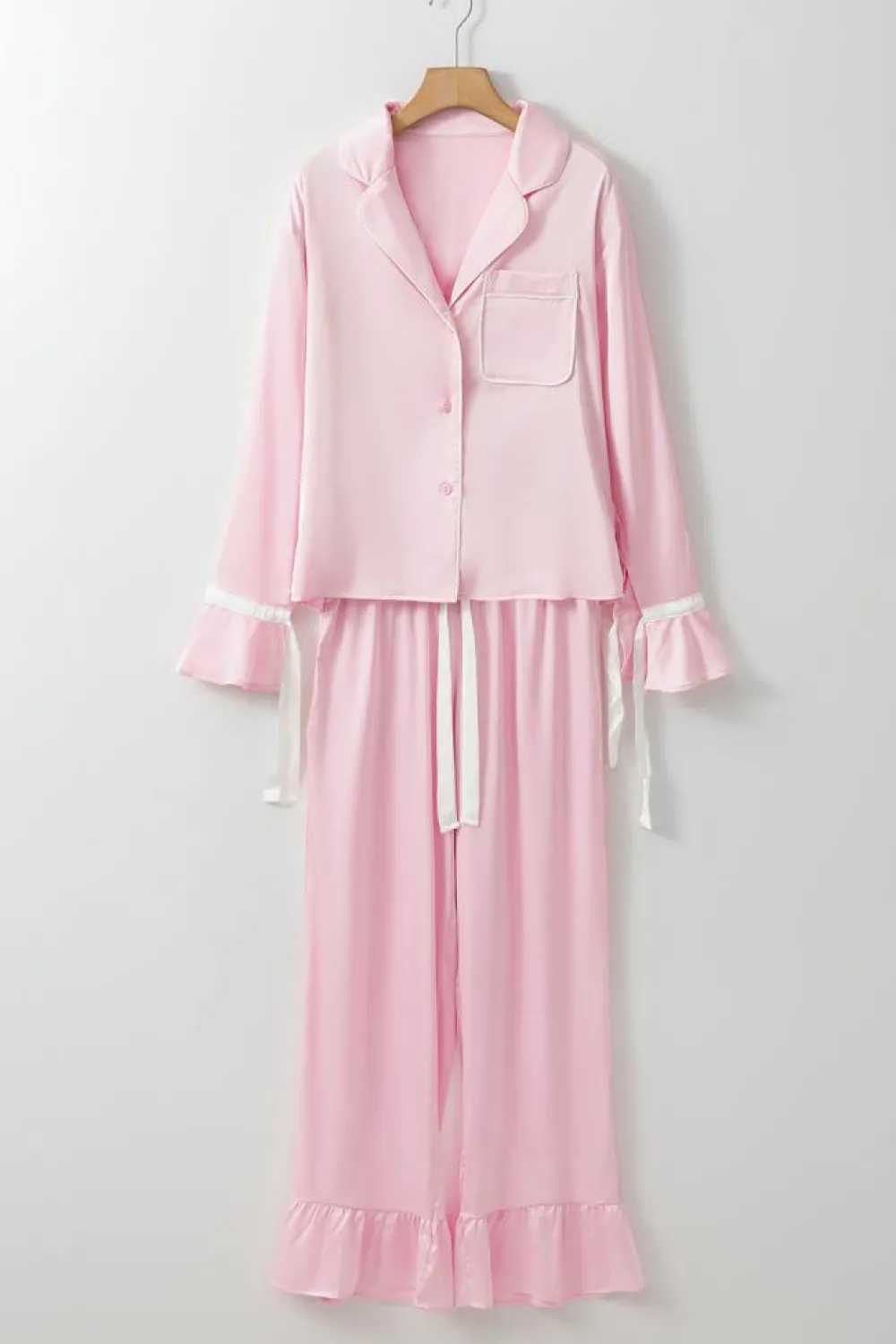 Hot Dear-Lover Satin Knot Accent Shirt and Ruffled Pants Lounge Set Light Pink