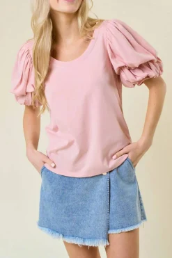 Sale Dear-Lover Scoop Neck Bubble Sleeve Tee Light Pink