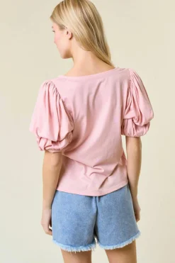Sale Dear-Lover Scoop Neck Bubble Sleeve Tee Light Pink