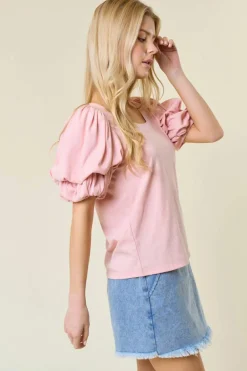 Sale Dear-Lover Scoop Neck Bubble Sleeve Tee Light Pink