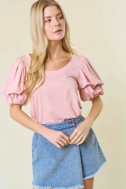 Sale Dear-Lover Scoop Neck Bubble Sleeve Tee Light Pink