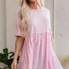 Sale Dear-Lover Solid Color Pocketed Raw Edge Babydoll Dress Light Pink
