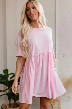 Sale Dear-Lover Solid Color Pocketed Raw Edge Babydoll Dress Light Pink